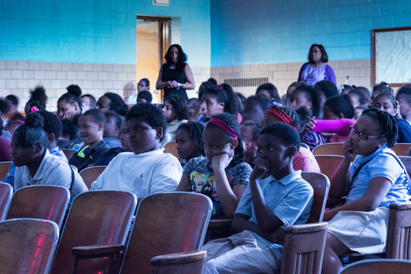 Students at Cooke Elementary watch the DSO via webcast