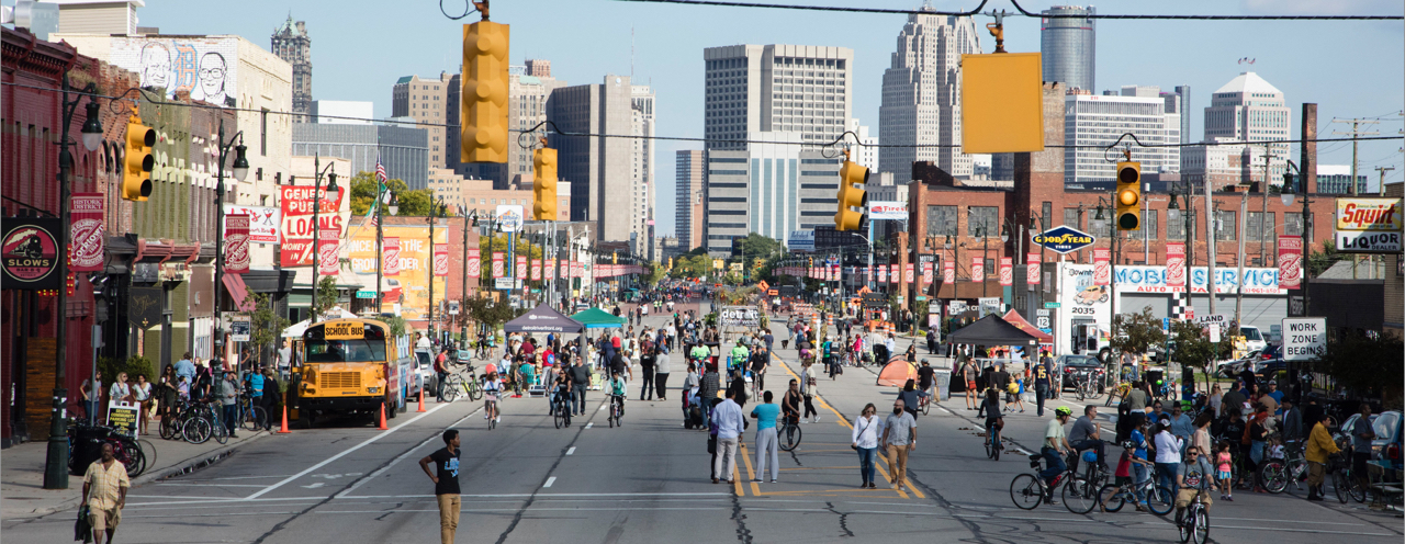 Pedestrians invade Michigan Avenue during Open Streets Detroit